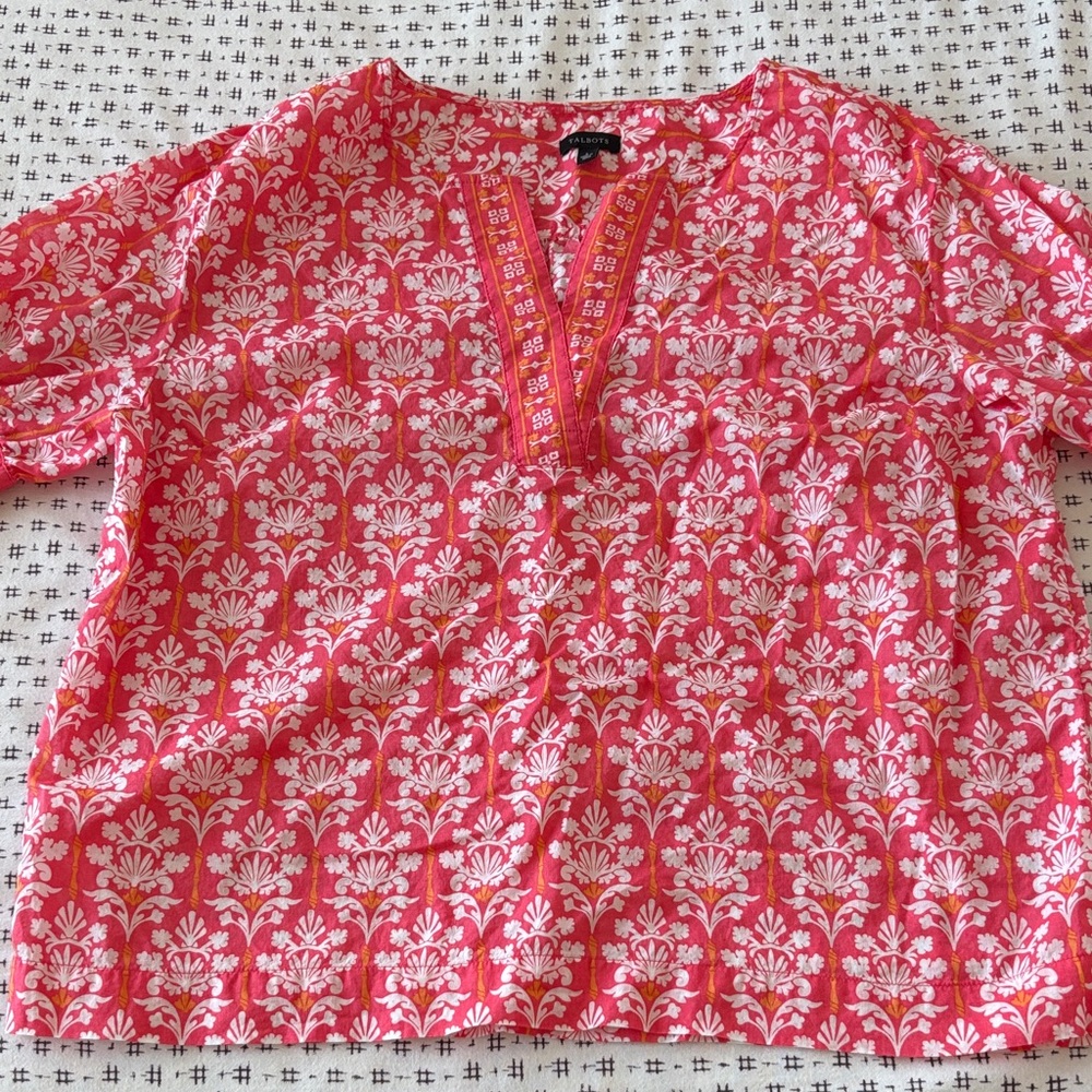 Talbots popover cotton blouse, pink/orange/white print, short sleeves,, size S